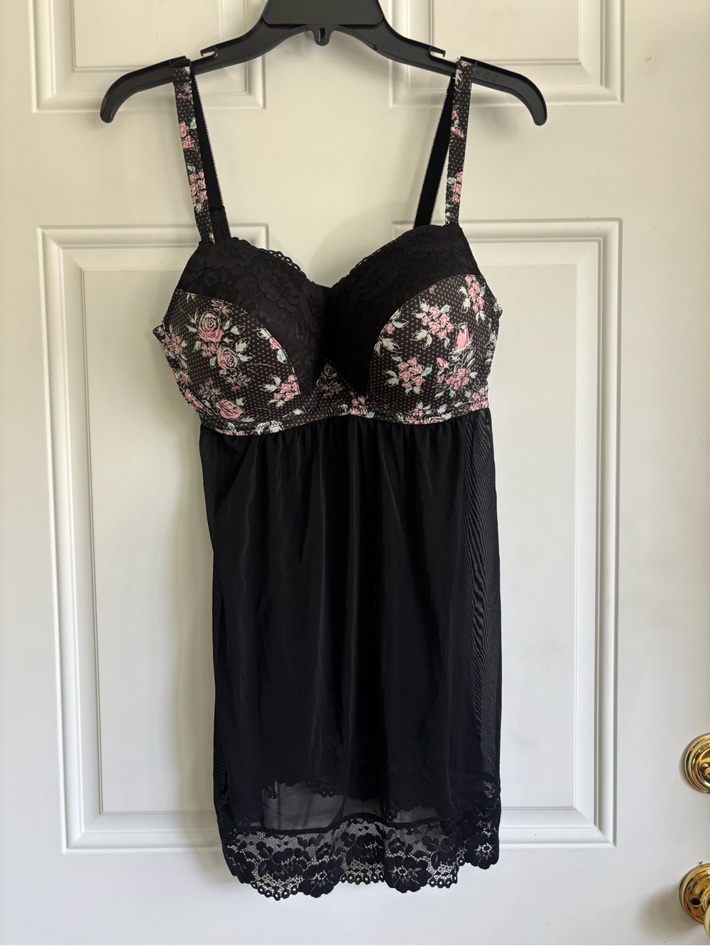 Adore Me Black Floral Lace Babydoll Chemise - Pink Accent, Size 36DDD